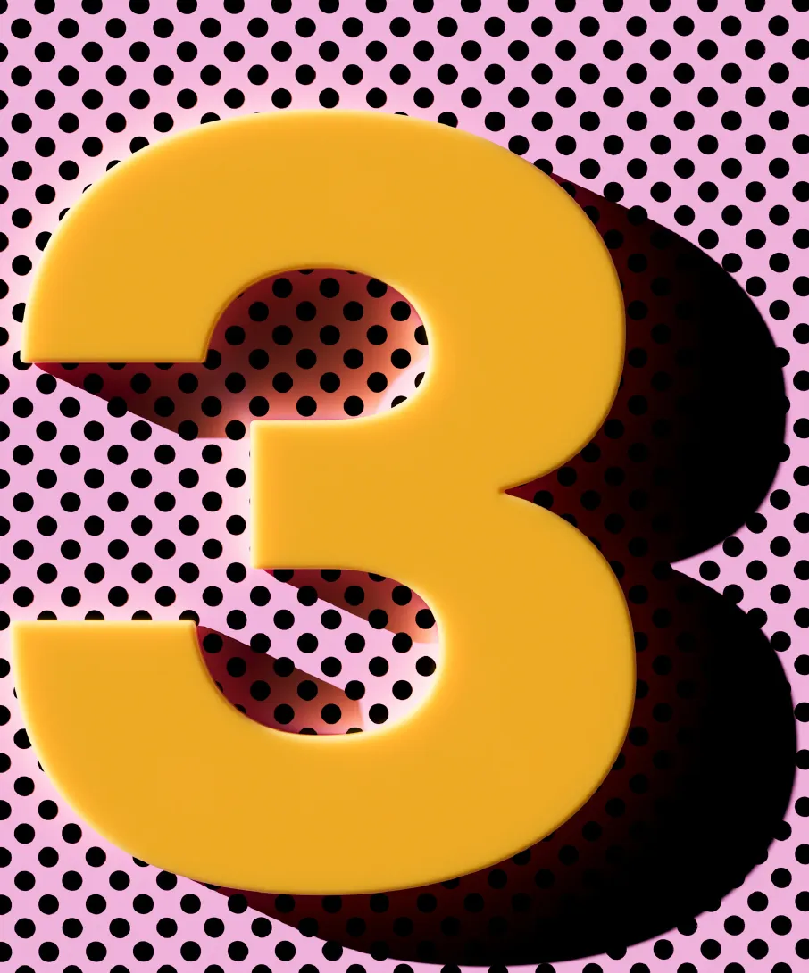A large yellow number three casts a shadow